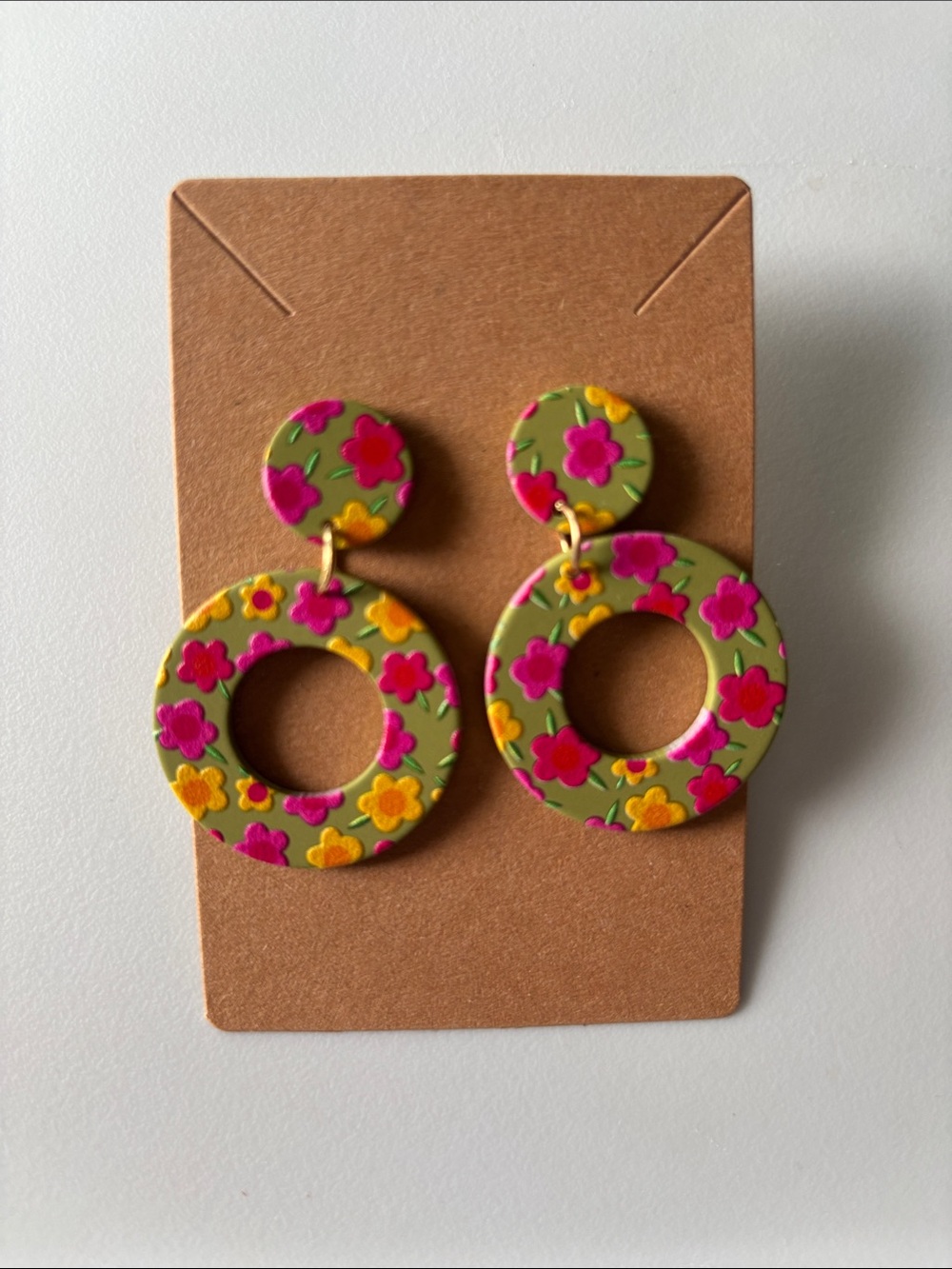 Fashion Jewelry Olive Green Hoop Drop Earrings with Pink & Yellow Floral Pattern